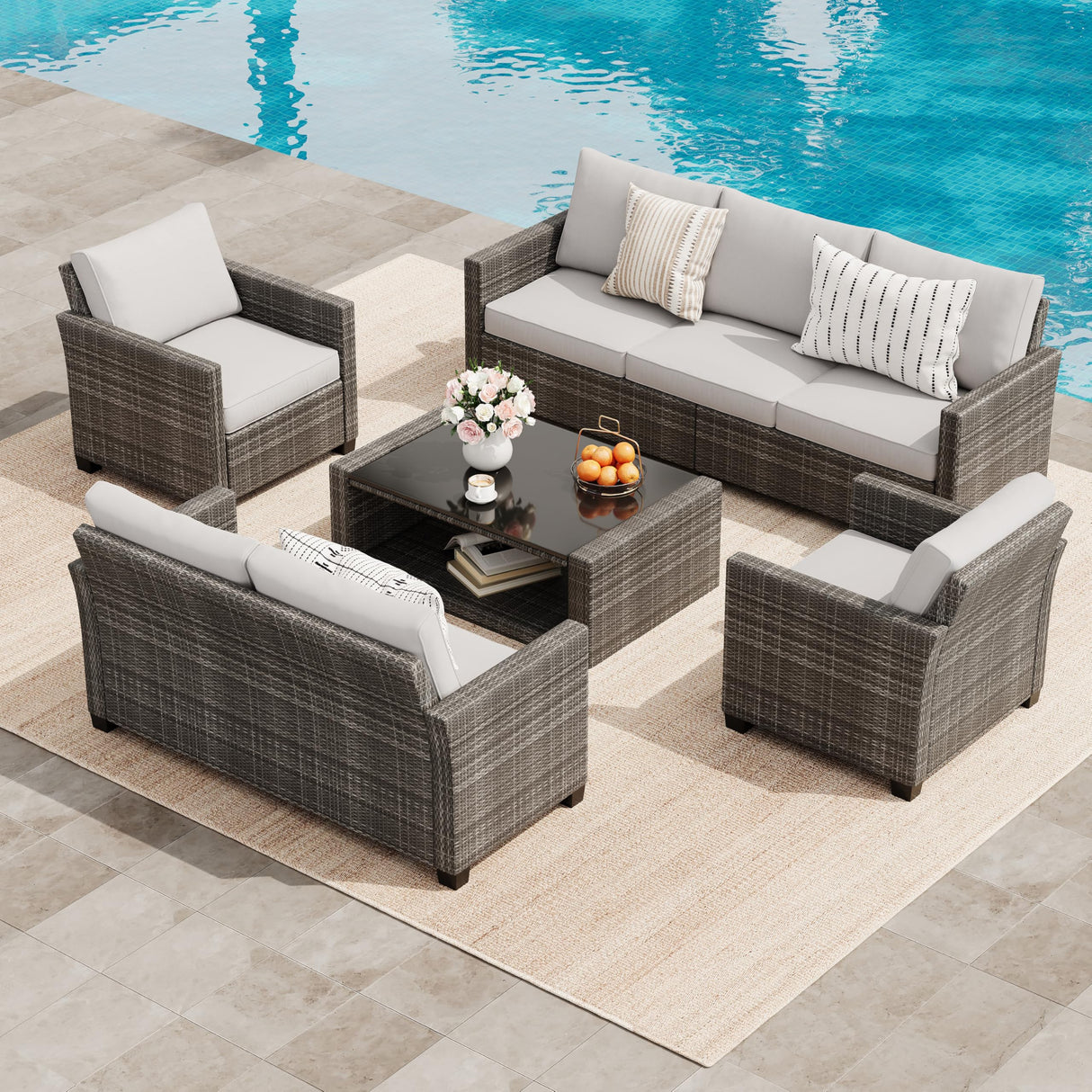GarveeLife 5 Pieces Patio Furniture Set, 7-Seater Rattan Wicker Patio Conversation Sets with Coffee Table, Outdoor Sectional Patio Sofa Set, Grey Rattan and Grey Cushions GarveeLife