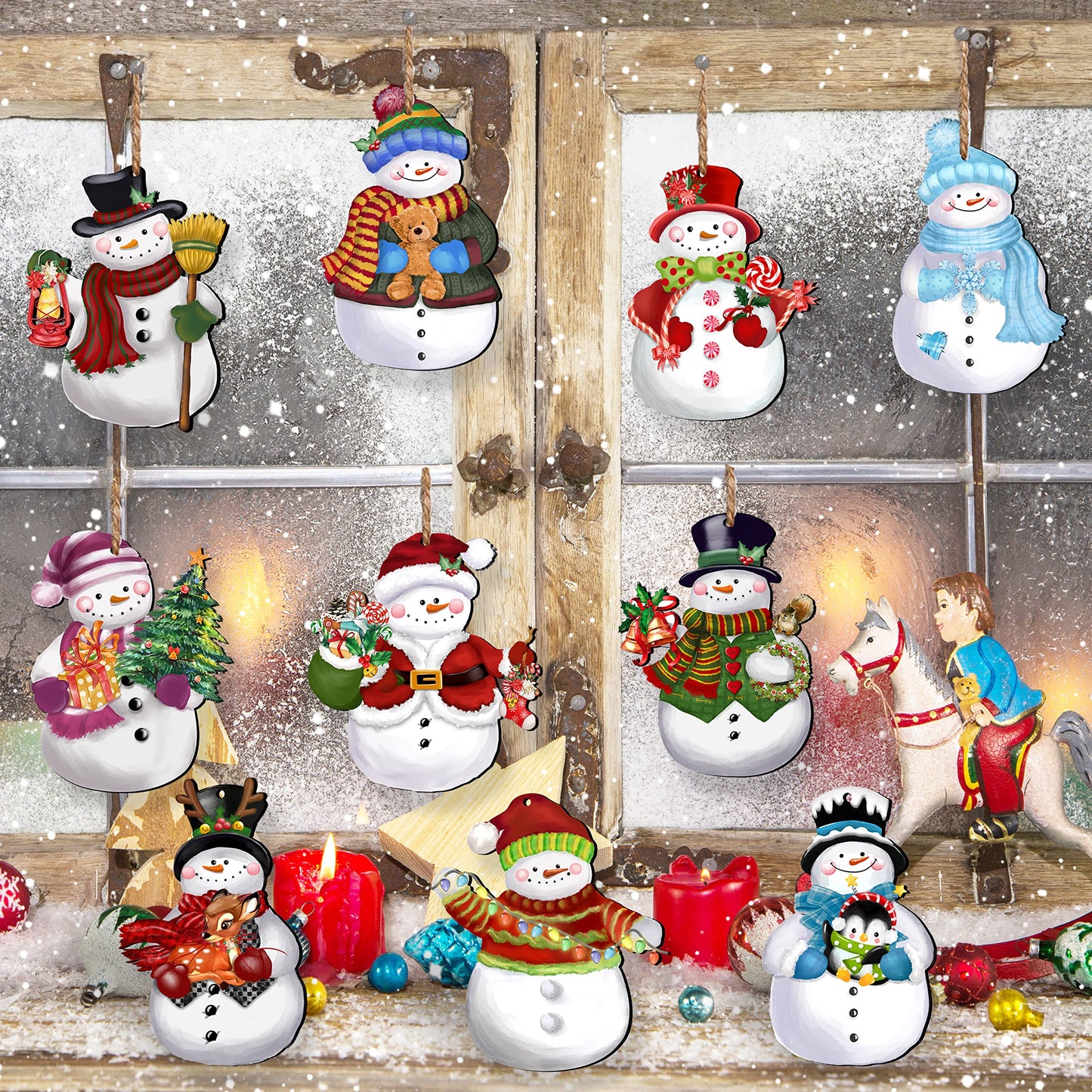 24 Pieces Christmas Snowman Wooden Ornaments Wood Hanging Decoration Set for Christmas Tree Hanging Wood Crafts Holiday Decor Xmas Party Supplies