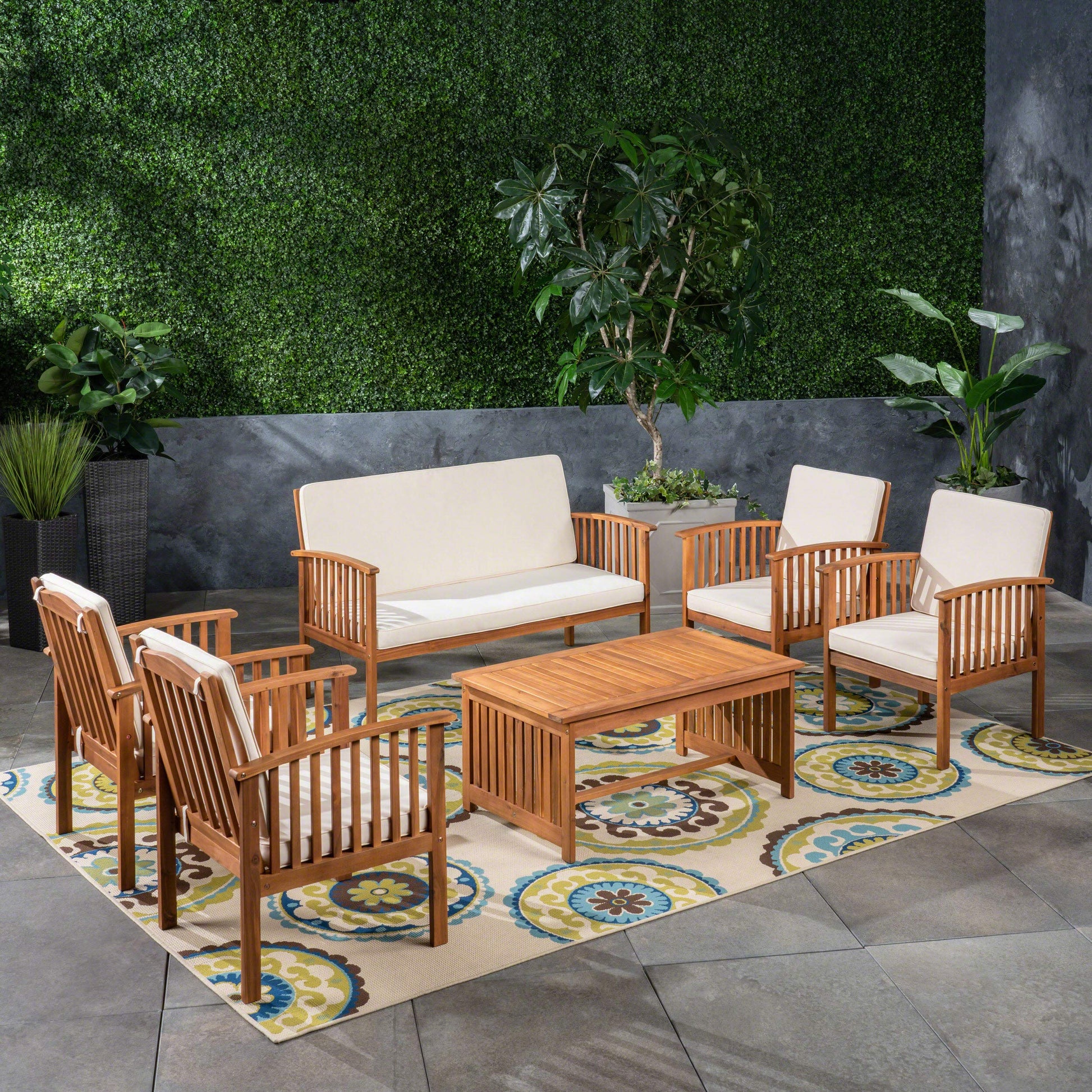 GDFStudio Outdoor 6-Seater Acacia Wood Chat Set, Brown Patina Finish and Cream - WoodArtSupply