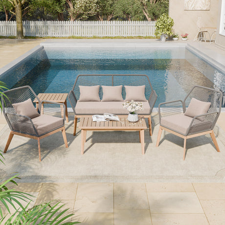 Kullavik Outdoor Patio Furniture Set,5 Pieces Indoor Rope Woven Sectional Sofa Set Modern Oak Patio Conversation Sets with Wooden Table for Balcony,Porch or Backyard,Sand Kullavik
