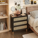 LONYKE Wicker Rattan Chest of Drawers, 3-Drawer Dresser, Black Finish Wooden Storage Cabinet, Modern Farmhouse Accent Table, Boho Mid-Century Coastal Sideboard LONYKE
