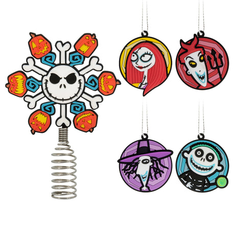 Hallmark Disney Tim Burton's Nightmare Before Christmas 5" Miniature Christmas Tree Topper and Mini Ornaments, Set of 5, Shatterproof Hallmark