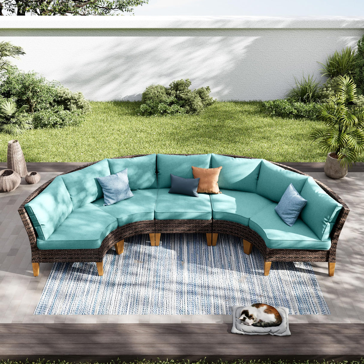 PHI VILLA 3-Piece Half-Moon Patio Furniture Set, Outdoor Curved Sectional Sofa Conversation Set with Cushions, Wicker Modular Couch for Garden, Deck, Backyard, Aqua Blue PHI VILLA