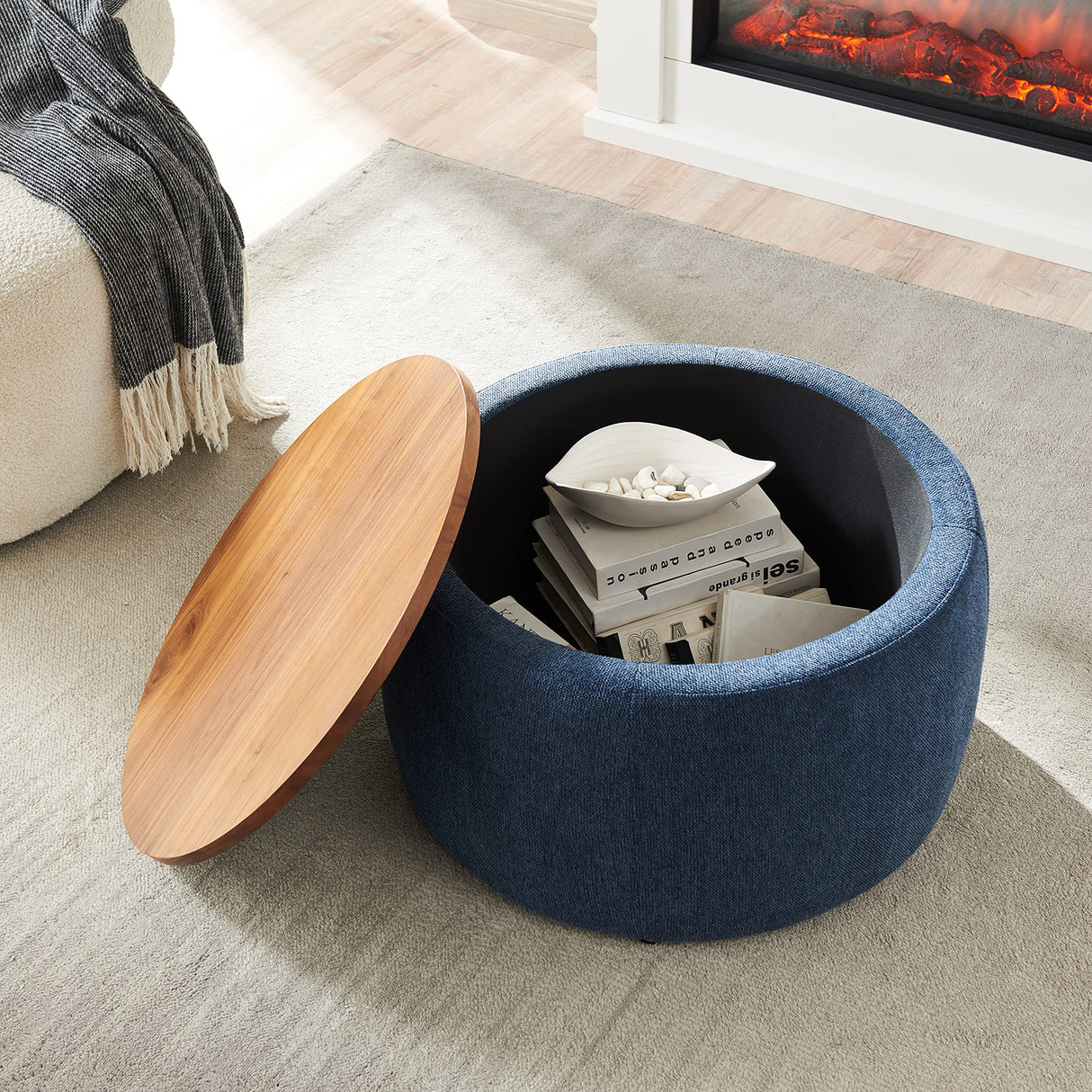 YICORPS Modern Round Storage Ottoman with Wooden Top,Handmade Luxury Pleated Circle Fabric Storage Ottoman Coffee Table,End Table & Footstool for Living Room（Navy Blue） YICORPS