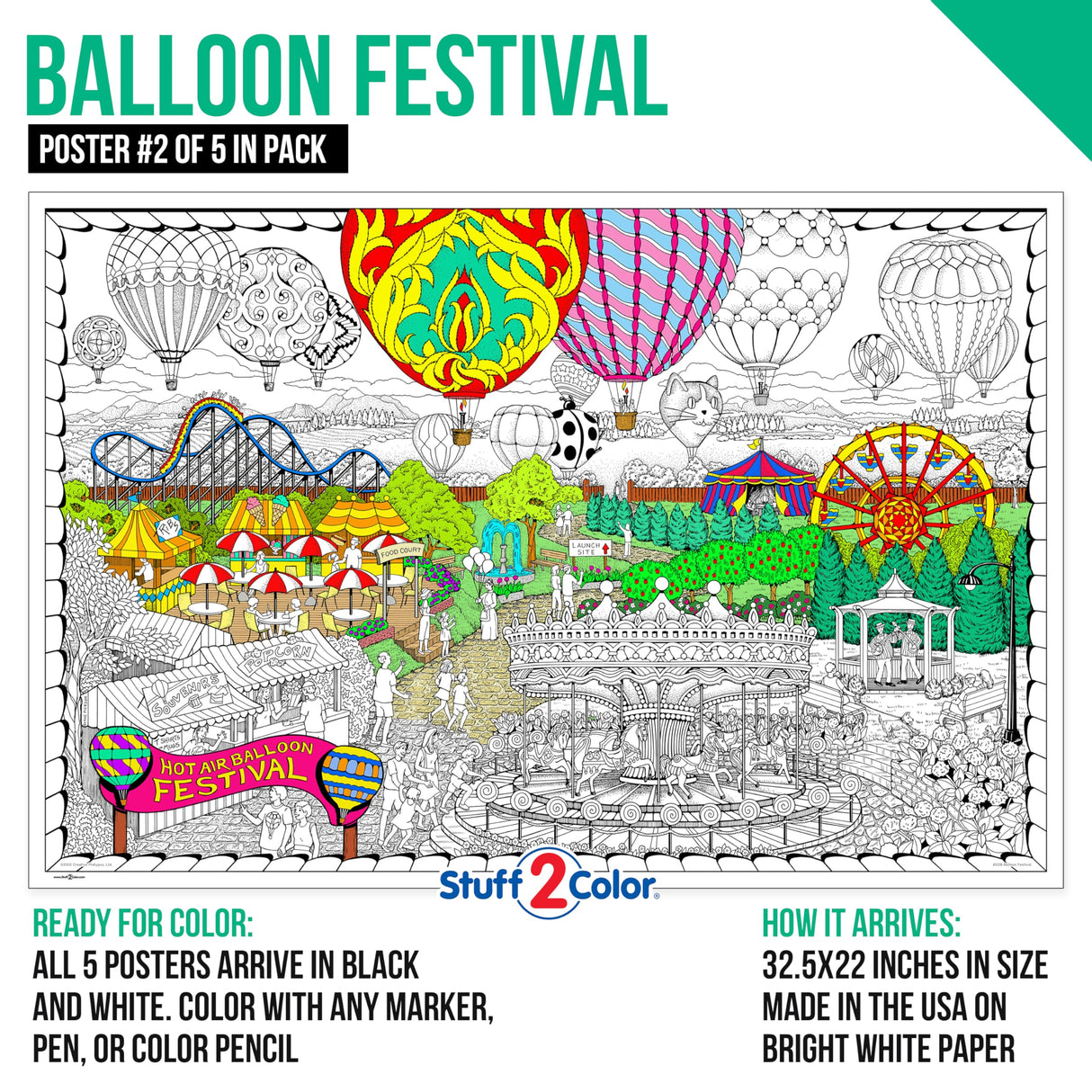 Stuff2Color Giant Coloring Poster 5 Pack - Big 32.5 x 22 Inch Line Art Coloring Posters - Great for Family Time, Kids, Classrooms, Care Facilities, Arts and Crafts Projects, and Group Activities Stuff2Color