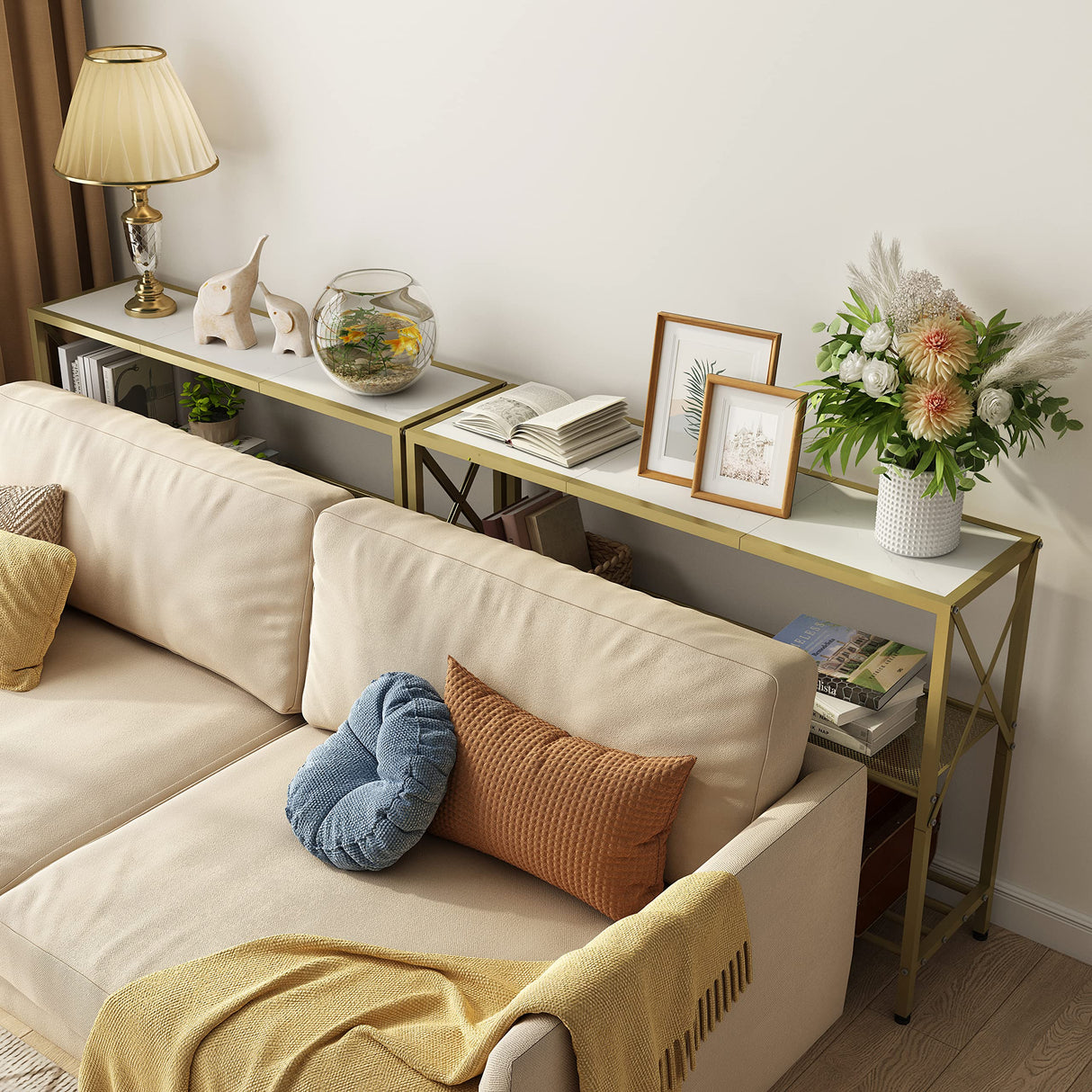 Hoctieon Gold Console Table, 3 Tier Entryway Table, Hallway Table, Narrow Sofa Table with Shelves, Entrance Table for Entryway, Gold and White Hoctieon