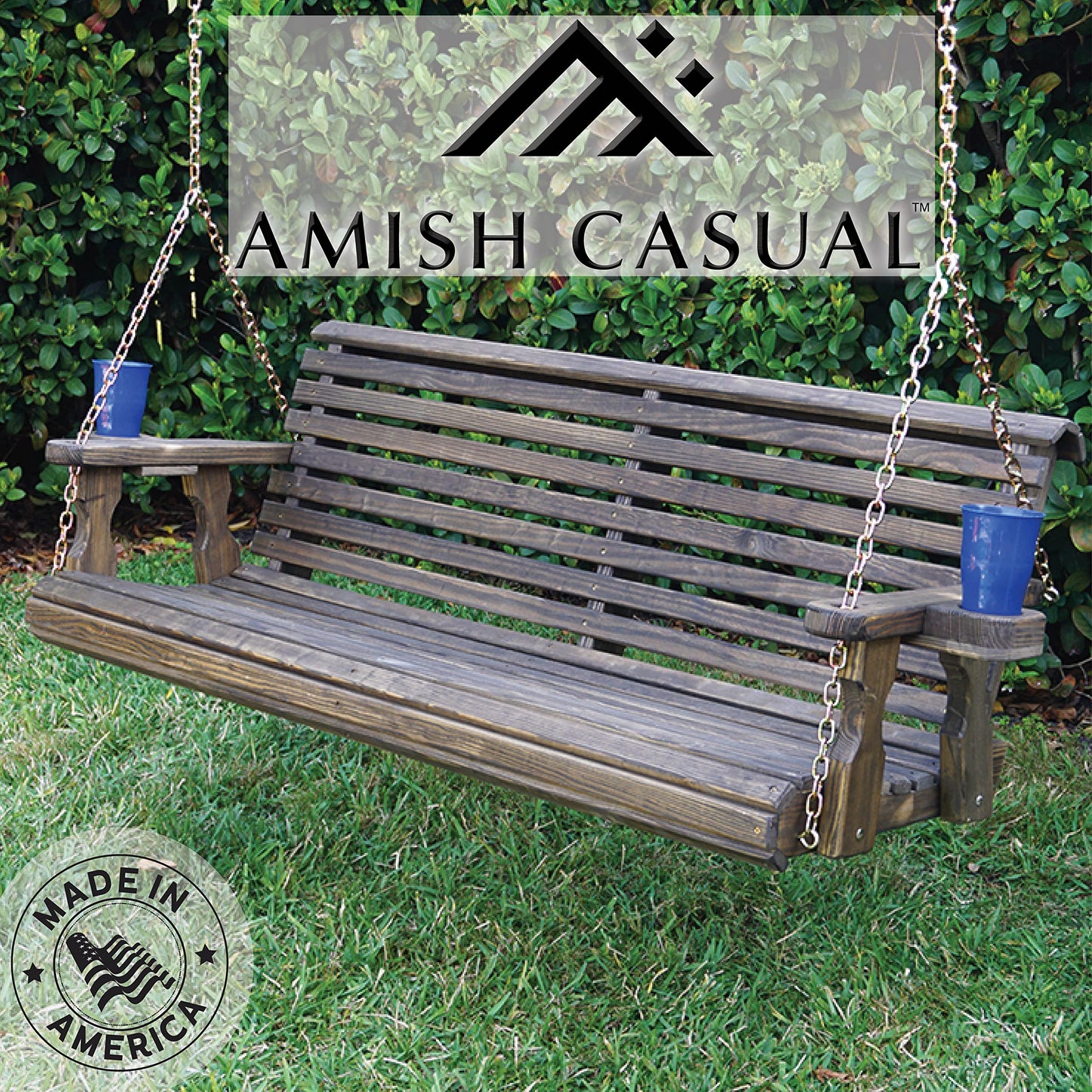 Amish Casual Heavy Duty 700 Lb Roll Back Treated Porch Swing with Hanging Chains and Cupholders (5 Foot, Dark Walnut Stain) - WoodArtSupply