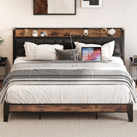 LIKIMIO Vintage Brown King Bed Frame with Storage Headboard and Charging Station LIKIMIO