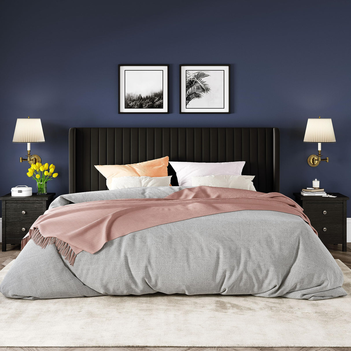 Allewie King Size Velvet Bed Frame/Vertical Channel Tufted Wingback Headboard/Upholstered Platform Bed/Strong Wooden Slats/No Box Spring Needed/Easy Assembly/Black Allewie