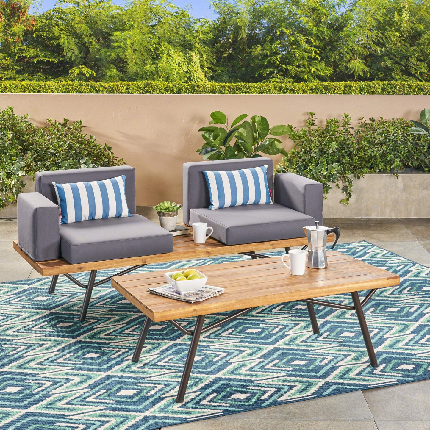 Christopher Knight Home Nora Outdoor Acacia Wood Chat Set, Teak Finish and Dark Gray - WoodArtSupply