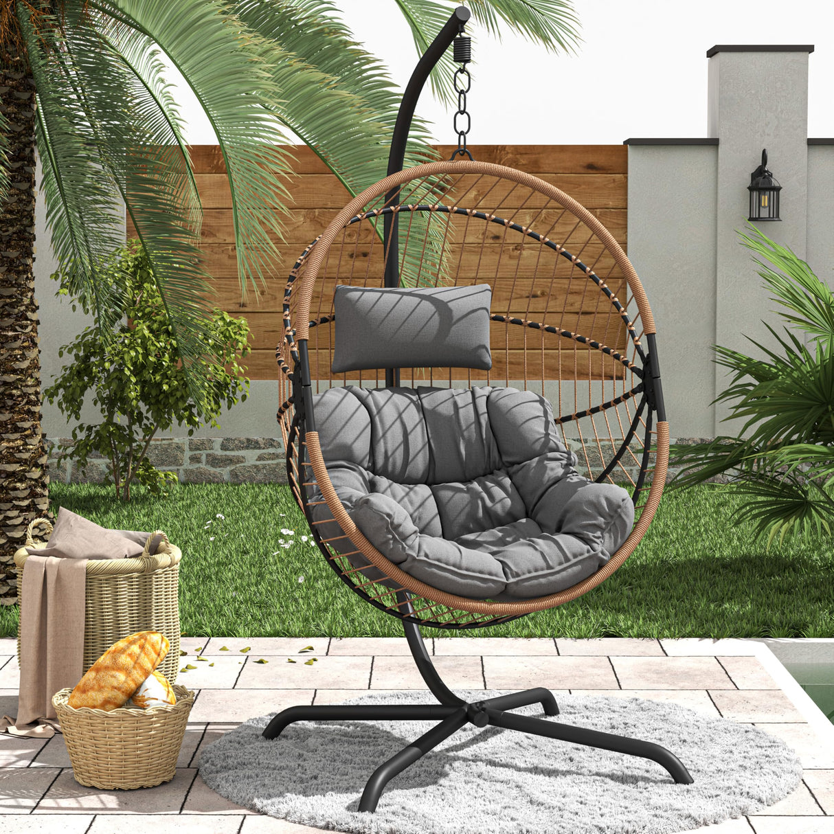 GREEN MORE Oversized Egg Swing Chair with Stand, Hanging Swing Chair, Foldable Hammock Chair with Steel Frame, 350LBS Capacity for Patio Garden Bedroom, Beige GREEN MORE