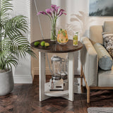 Round Wood End Table with Storage, Farmhouse Rustic Accent Table with Distressed Wood Top, Circle Table for Living Room, Brown COZAYH