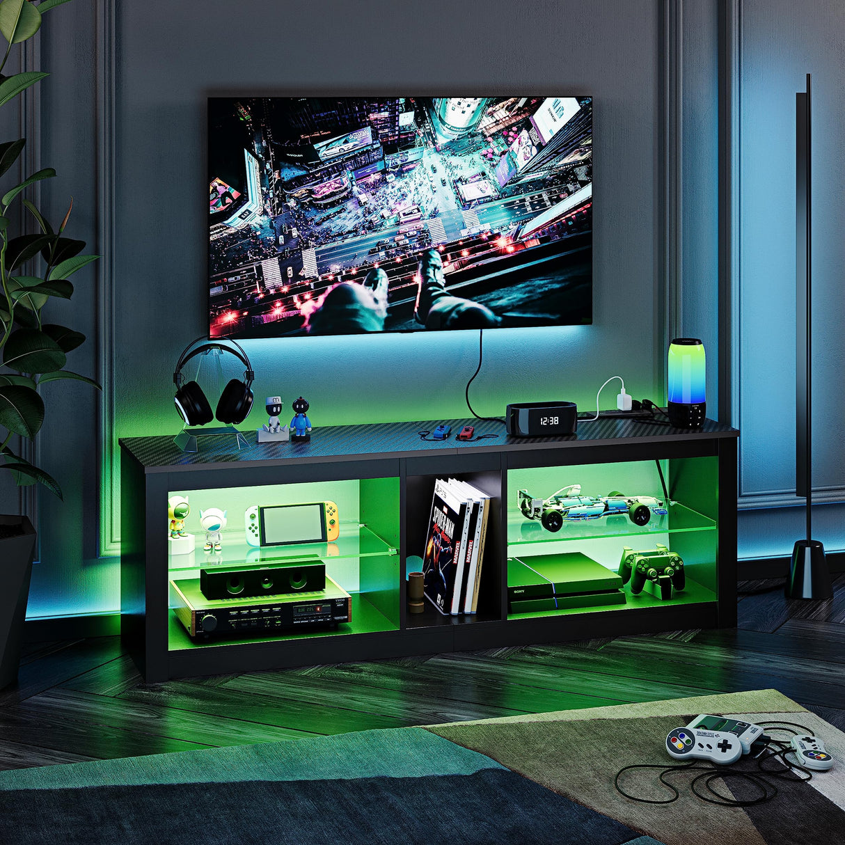 Bestier 55 inch LED TV Stand with Power Outlet, LED TV Stand for Xbox, Gaming Entertainment Center with Storage for 55/60/65inch TV,Modern TV Cabinet for Living Room Black Marble Bestier