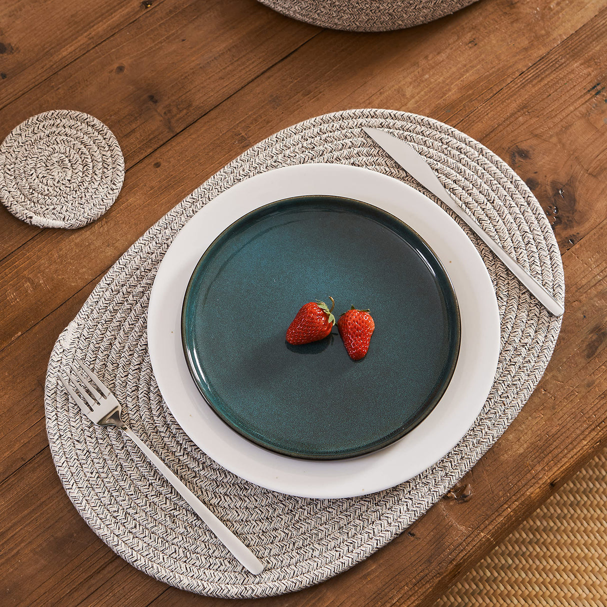 ART pinecone Cotton Rope Woven Placemats 16 * 12 inches Oval Hot Pads Hot Mats Set of 6, and 1 Storage Basket for Holiday Table Decor (16 * 12 Plus 6 Coasters, Brown Mixed) ART pinecone