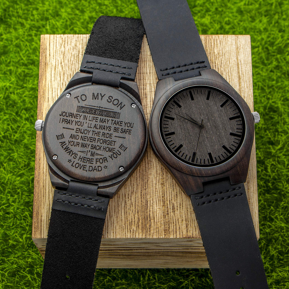 Engraved Custom Men Wood Watch,Analog Quartz Black Leather Handmade Sandalwood Natural Custom Wood Watch for Son Husband Anniversary Christmas Gifts (for Son from Dad) Kenon