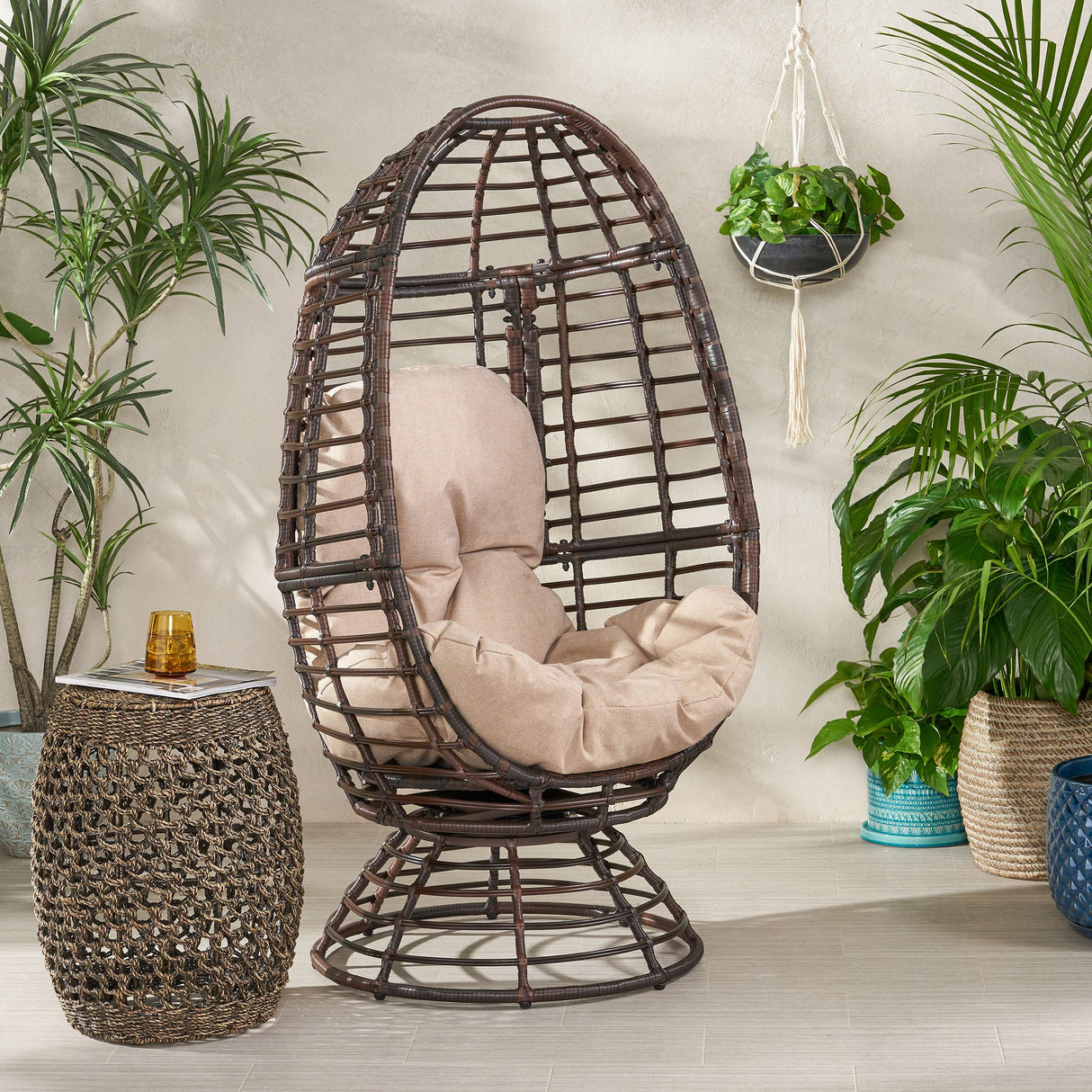 Christopher Knight Home Frances Outdoor Wicker Swivel Egg Chair with Cushion, Dark Brown, Beige Christopher Knight Home
