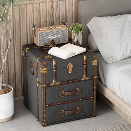 Aoikax Vintage Storage Chest with Buckle Hinged Top, Linen Accent End Side Table for Living Room, Office, Bedroom, Rectangle, Grey Aoikax