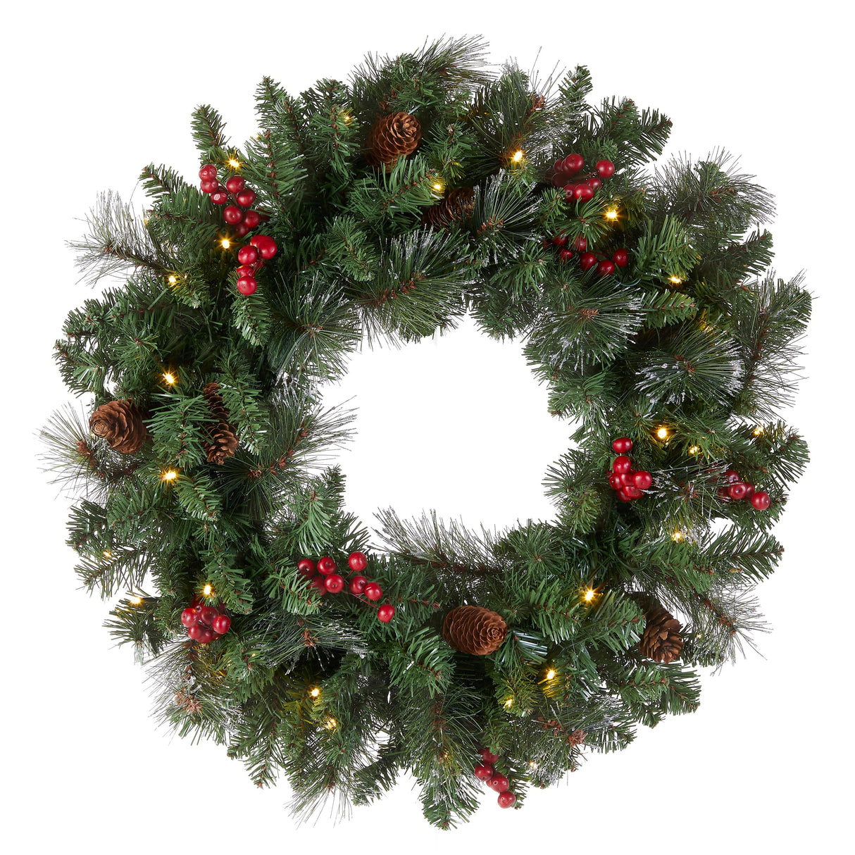 National Tree Company Pre-Lit Artificial Christmas Wreath, Green, Crestwood Spruce, White Lights, Decorated with Pine Cones, Berry Clusters, Frosted Branches, Christmas Collection, 24 Inches National Tree Company