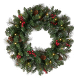 National Tree Company Pre-Lit Artificial Christmas Wreath, Green, Crestwood Spruce, White Lights, Decorated with Pine Cones, Berry Clusters, Frosted Branches, Christmas Collection, 24 Inches National Tree Company