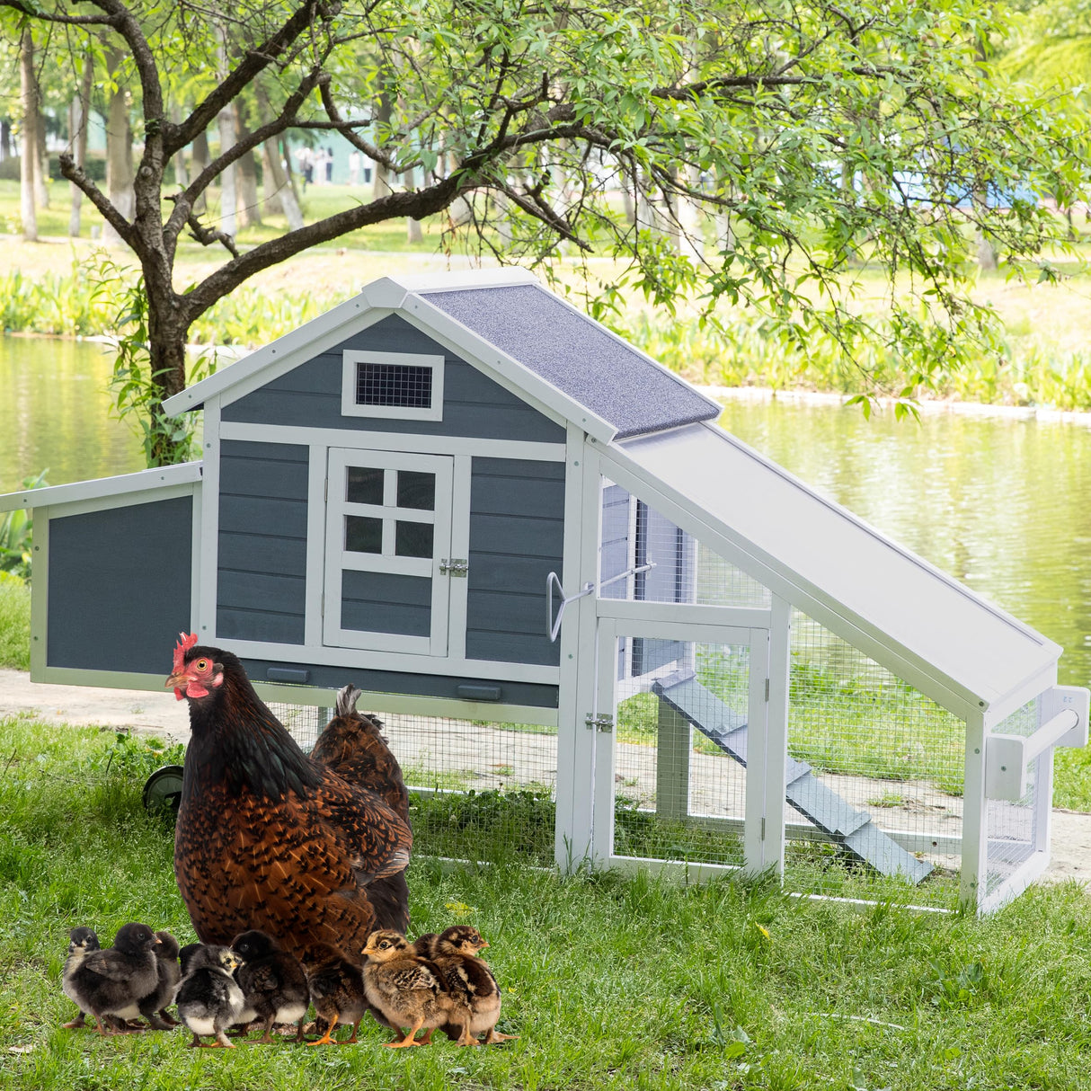 TAKUKA Outdoor Mobile Wooden Chicken Coop with Removable Run and Tray，Small Animals Rabbit Hutch with Nest Box, 2 Story Duck Quail Cage Hutch with Wheel Weatherproof for Backyard (71W*26W*39H) TAKUKA