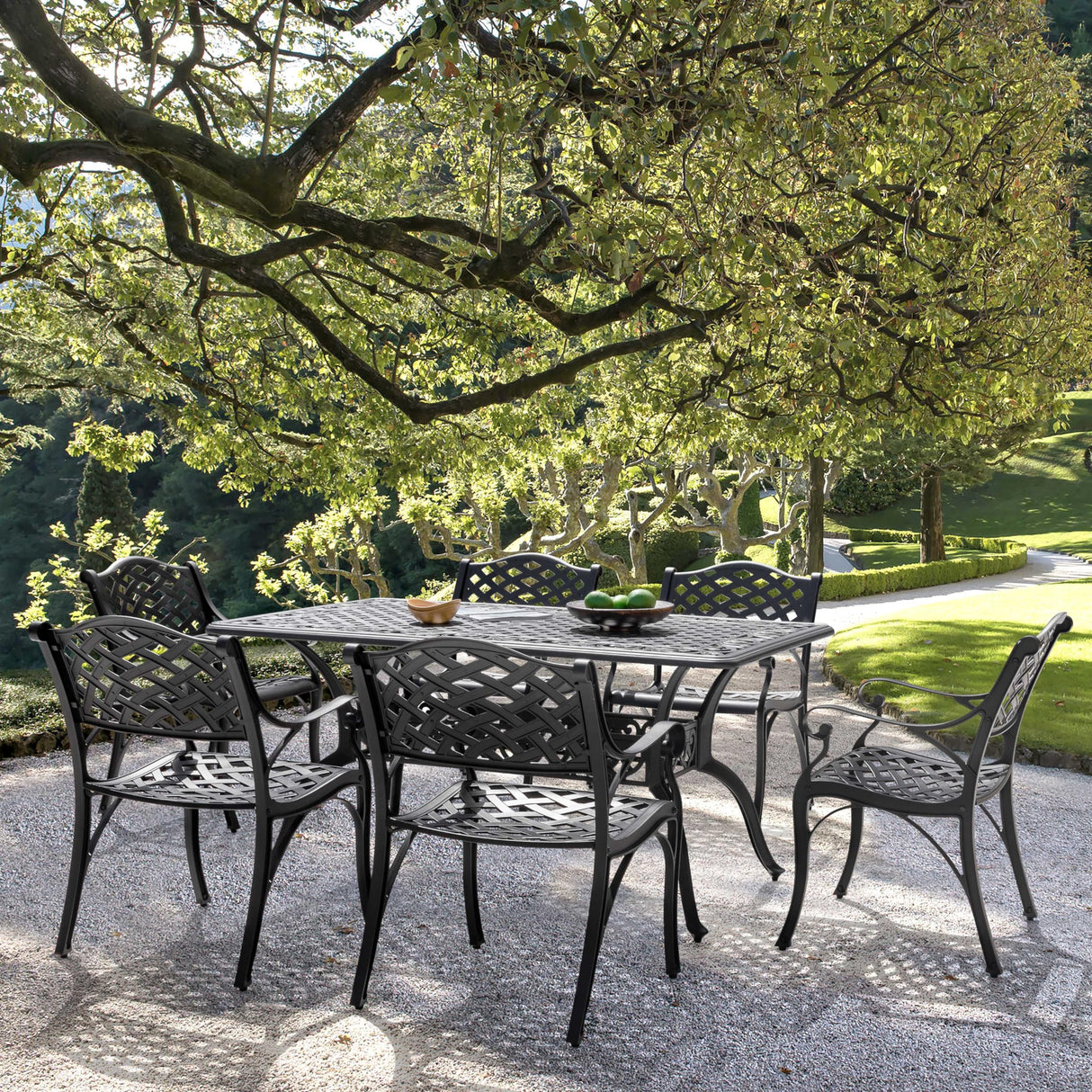 NUU GARDEN 7 Pieces Outdoor Patio Dining Sets, Cast Aluminum Rectangle Patio Table with Umbrella Hole and 6 Bistro Chairs, Armrest Dining Chairs and Bistro Table for Balcony, Backyard, Black NUU GARDEN