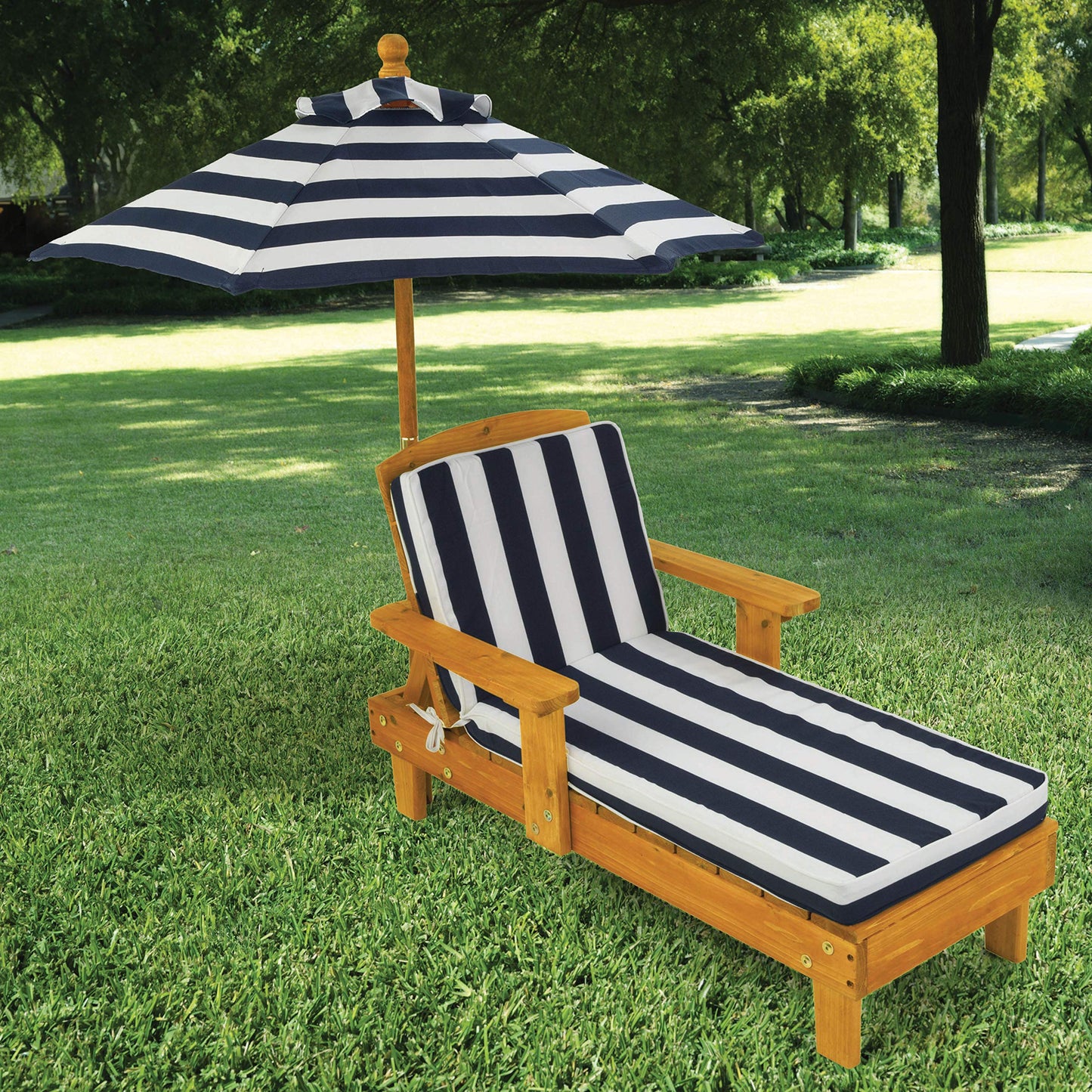 KidKraft Outdoor Wooden Chaise Lounge, Backyard Furniture Chair with Umbrella and Cushion, for Kids or Pets, Navy and White Striped Fabric