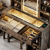 FREDEES Farmhouse Makeup Vanity with Charging Station,Vanity Set with Stool&Sliding Mirror&3Brightness Lights,Large Storage Glass Top Dressing Table with Drawers and Shelves for Women/Girls,Dark Oak FREDEES