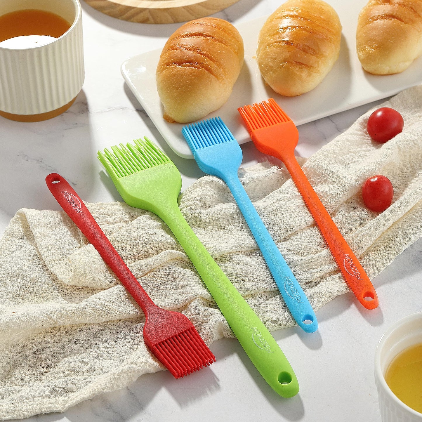 4PCS Silicone Basting Pastry Brush, MONGSEW Heat Resistant Food Brush Spread Oil Butter Sauce for BBQ Grill Baking Kitchen Cooking, BPA Free, Dishwasher Safe (Multicolor, 4 Pcs)