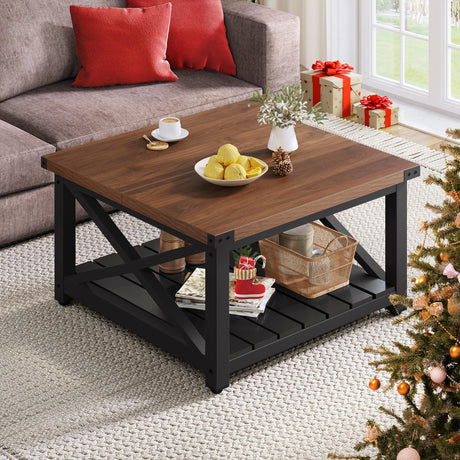 YITAHOME Farmhouse Coffee Table, Square Coffee Table for Living Room, Vintage Living Room Table with Shelf, Coffee Table with Storage, Brown and Black YITAHOME