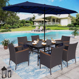 Sophia & William 7 Pieces Patio Dining Set with 13ft Navy Patio Umbrella, Outdoor Dining Set for 6 People, 60” Metal Patio Table and Rattan Chairs, Outdoor Patio Furniture with Seat Cushion Sophia & William