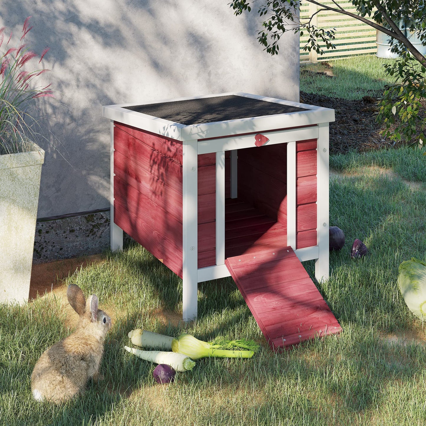 PawHut Small Wooden Rabbit Hutch Bunny Cage Guinea Pig Cage Duck House Dog House with Openable & Waterproof Roof, Red - WoodArtSupply