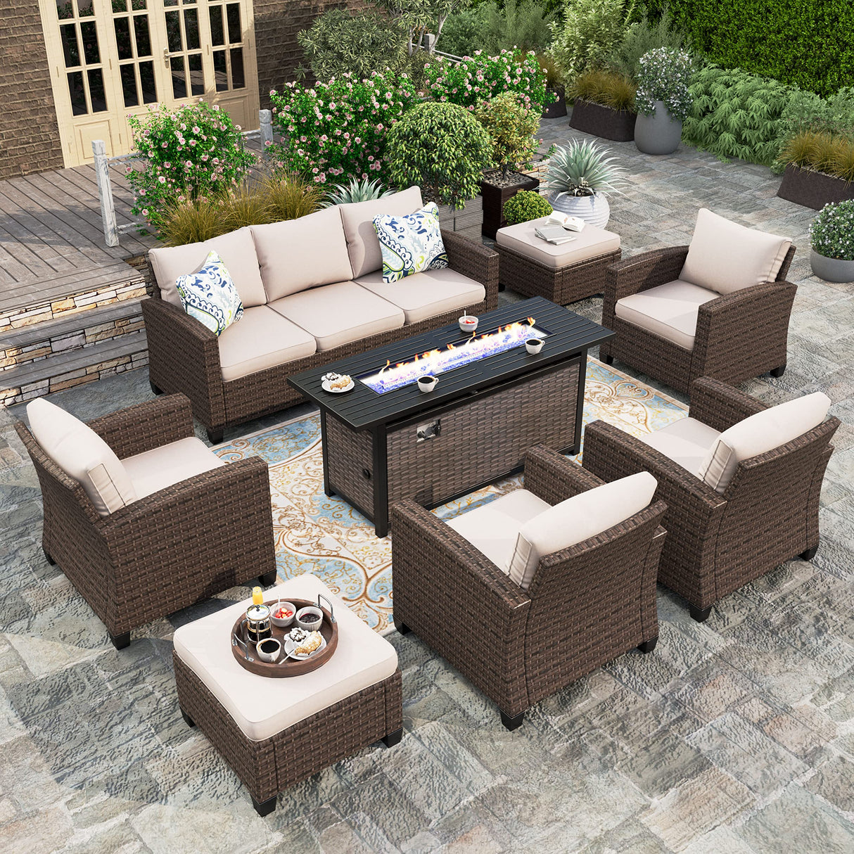 HERA'S HOUSE Patio Furniture Set with Fire Pit Table, 8 Pieces Outdoor Wicker Conversation Set, 4 x Single Chair, 2 x Ottoman, 3-Seat Sofa with 56" Fire Pit Table, for Garden, Poolside, Backyard HERA'S HOUSE
