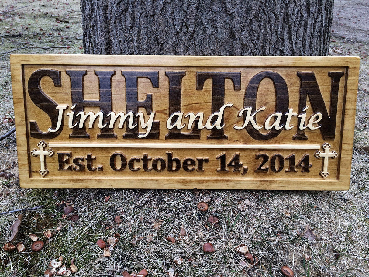 Personalized Cross Décor Family Name Signs Custom Wedding Gift Wood Carved Sign Last Name Established 3D Wood Plaque Couple 5 Year Anniversary Gift Religious Gift 3D Woodworker