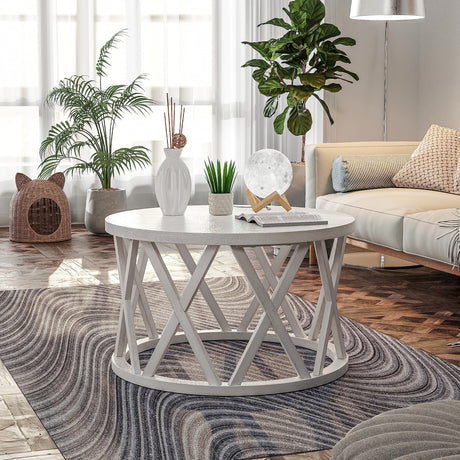 COZAYH Farmhouse Coffee Table, Rustic Round Coffee Table with X-Motifs Legs, Wood Textured Top, for Boho, French Country Decor, Antique White COZAYH