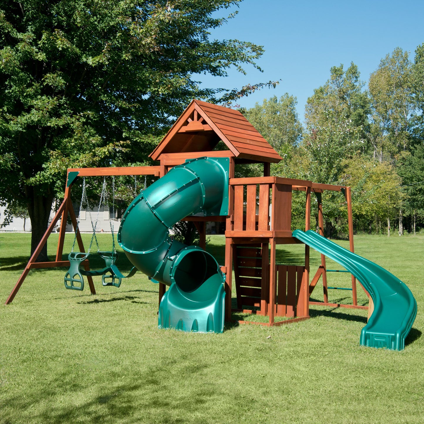 Swing-N-Slide Grandview Twist Play Set with Two Slides, Two Swings, Monkey Bars, Glider and Climbing Wall - WoodArtSupply