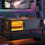 Bestier 42 Inch LED Coffee Table with Storage Glass Coffee Tables for Living Room with Sliding Doors, Black Living Room Center Table Bestier