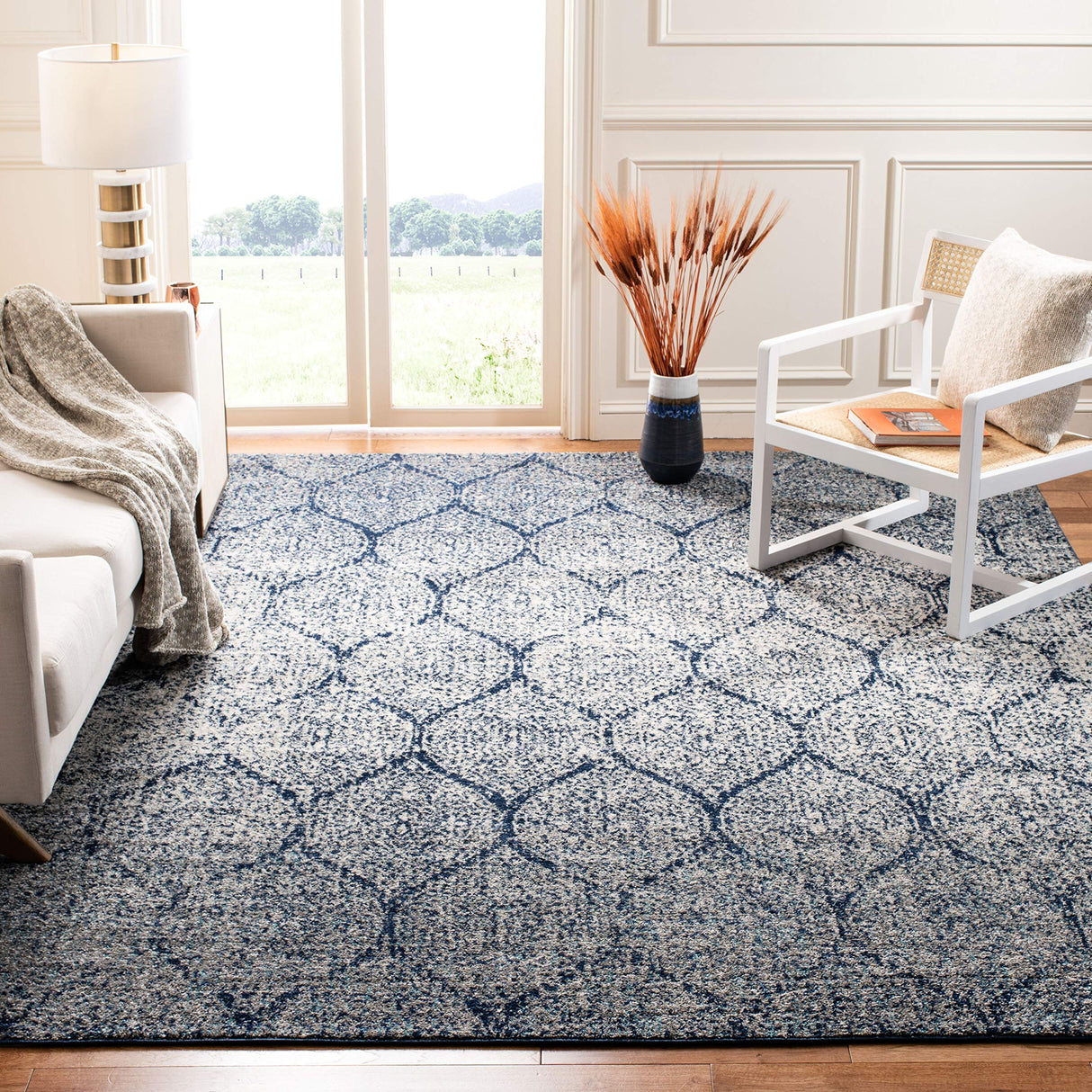 SAFAVIEH Madison Collection Area Rug - 12' Square, Navy & Silver, Glam Ogee Trellis Distressed Design, Non-Shedding & Easy Care, Ideal for High Traffic Areas in Living Room, Bedroom (MAD604G) SAFAVIEH