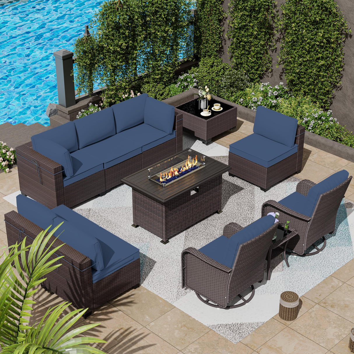 ASJMR 11 Pieces Patio Furniture Set with 2 Swivel Chairs Patio Furniture Outdoor Sectional Sofas with 55000 Gas Fire Pit Patio Conversation Set w/7 Cushions ASJMR