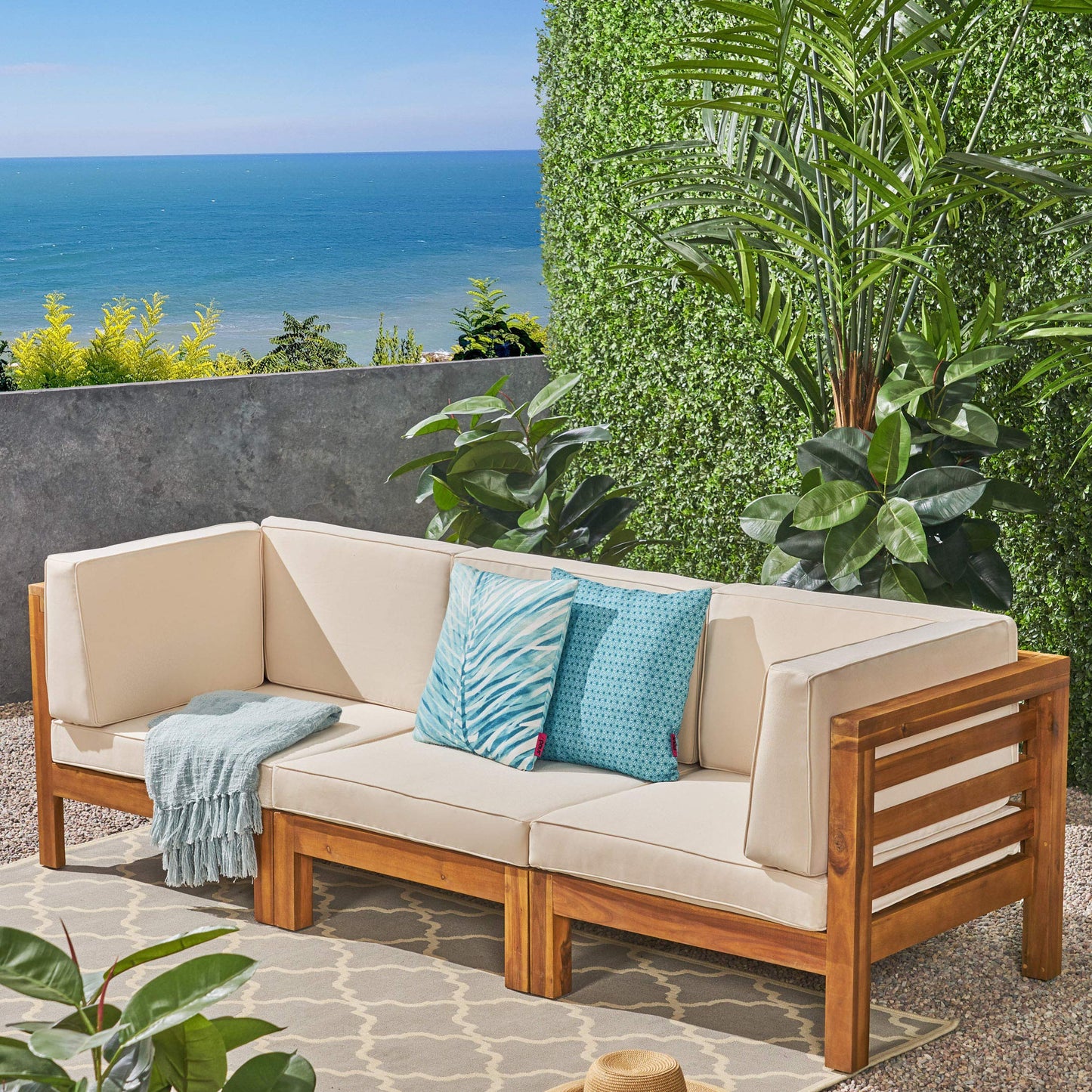 Great Deal Furniture Dawson Outdoor Sectional Sofa Set - 3-Seater - Acacia Wood - Outdoor Cushions - Teak and Beige - WoodArtSupply