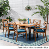 Christopher Knight Home Justin Outdoor 7 Piece Acacia Wood Dining Set, Teak Finish/Rustic Metal/Blue Christopher Knight Home