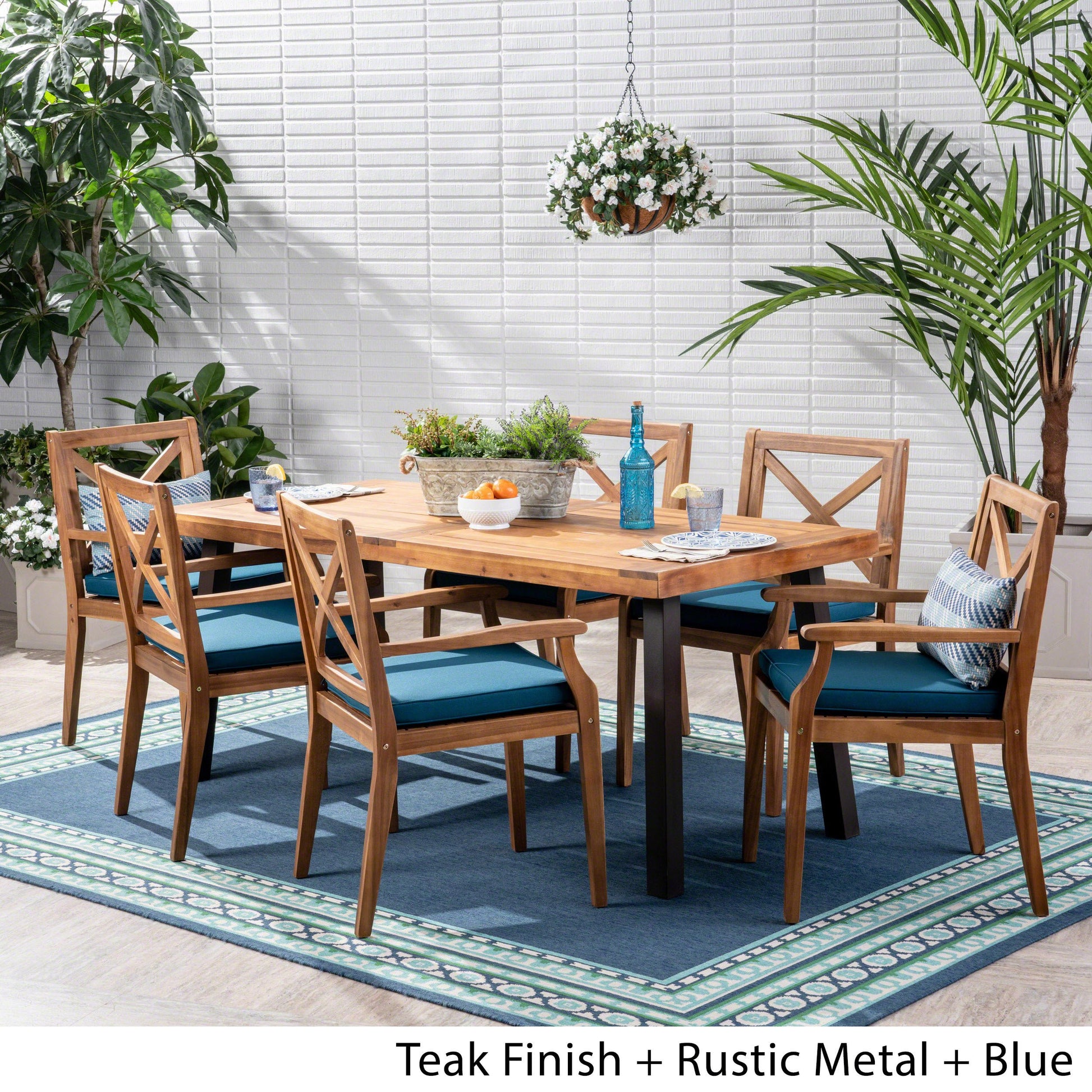 Christopher Knight Home Justin Outdoor 7 Piece Acacia Wood Dining Set, Teak Finish/Rustic Metal/Blue - WoodArtSupply