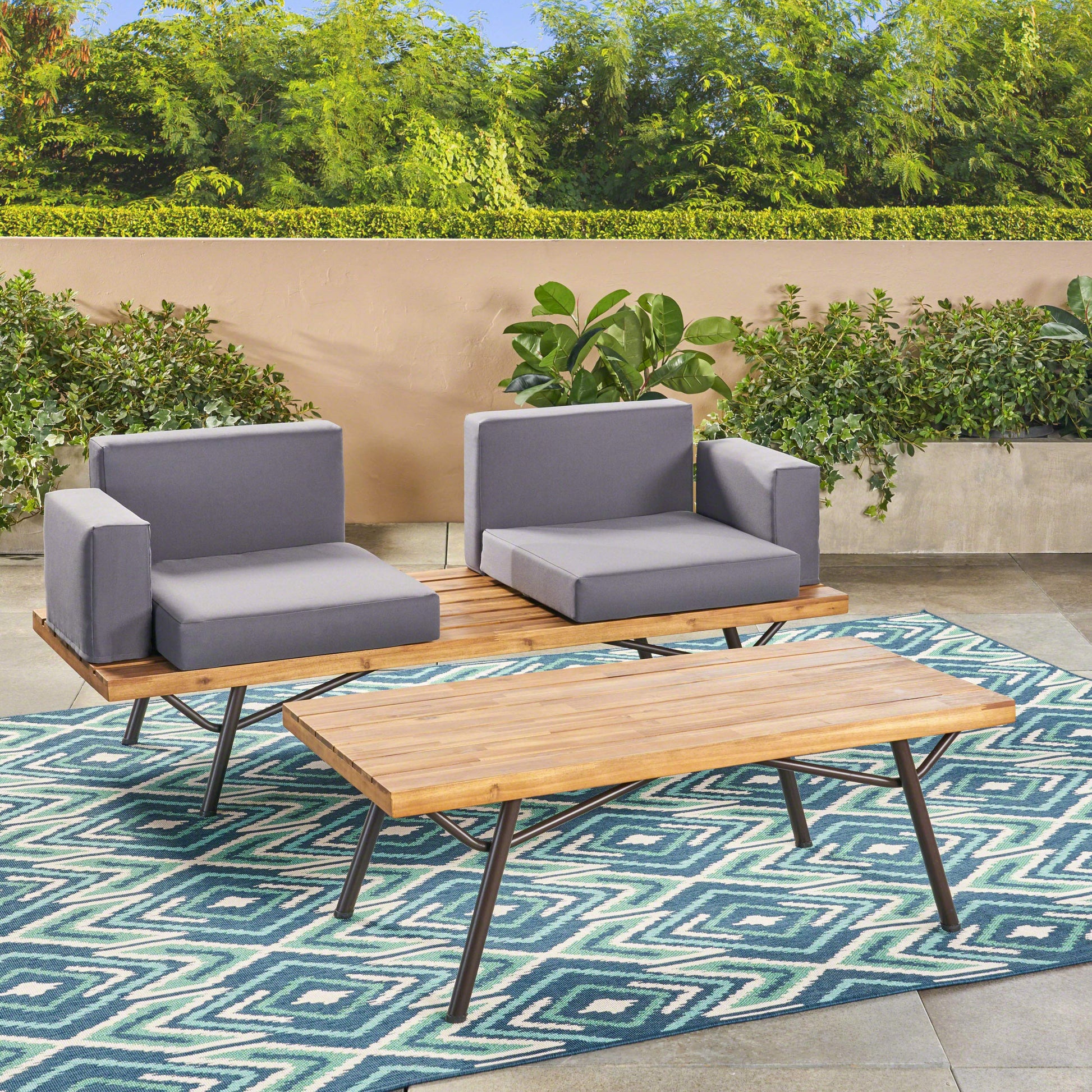 Christopher Knight Home Nora Outdoor Acacia Wood Chat Set, Teak Finish and Dark Gray - WoodArtSupply