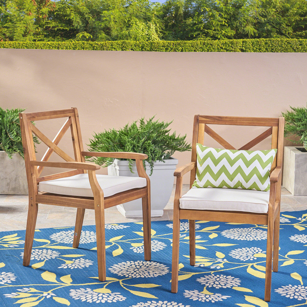 Christopher Knight Home Peter | Outdoor Acacia Wood Dining Chair Set of 2, Teak/Cream Cushion Christopher Knight Home