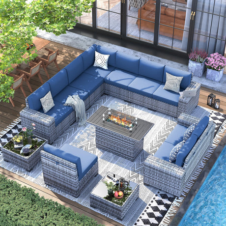 UDPATIO 13 Piece Patio Furniture Set with Fire Pit Table, 8''Wide Armrest Modular Rattan Outdoor Sectional Sofa Set,Wicker Patio Conversation Sets for Backyard,Deck w/ 4'' Cushions,Cover(Grey/Blue) UDPATIO
