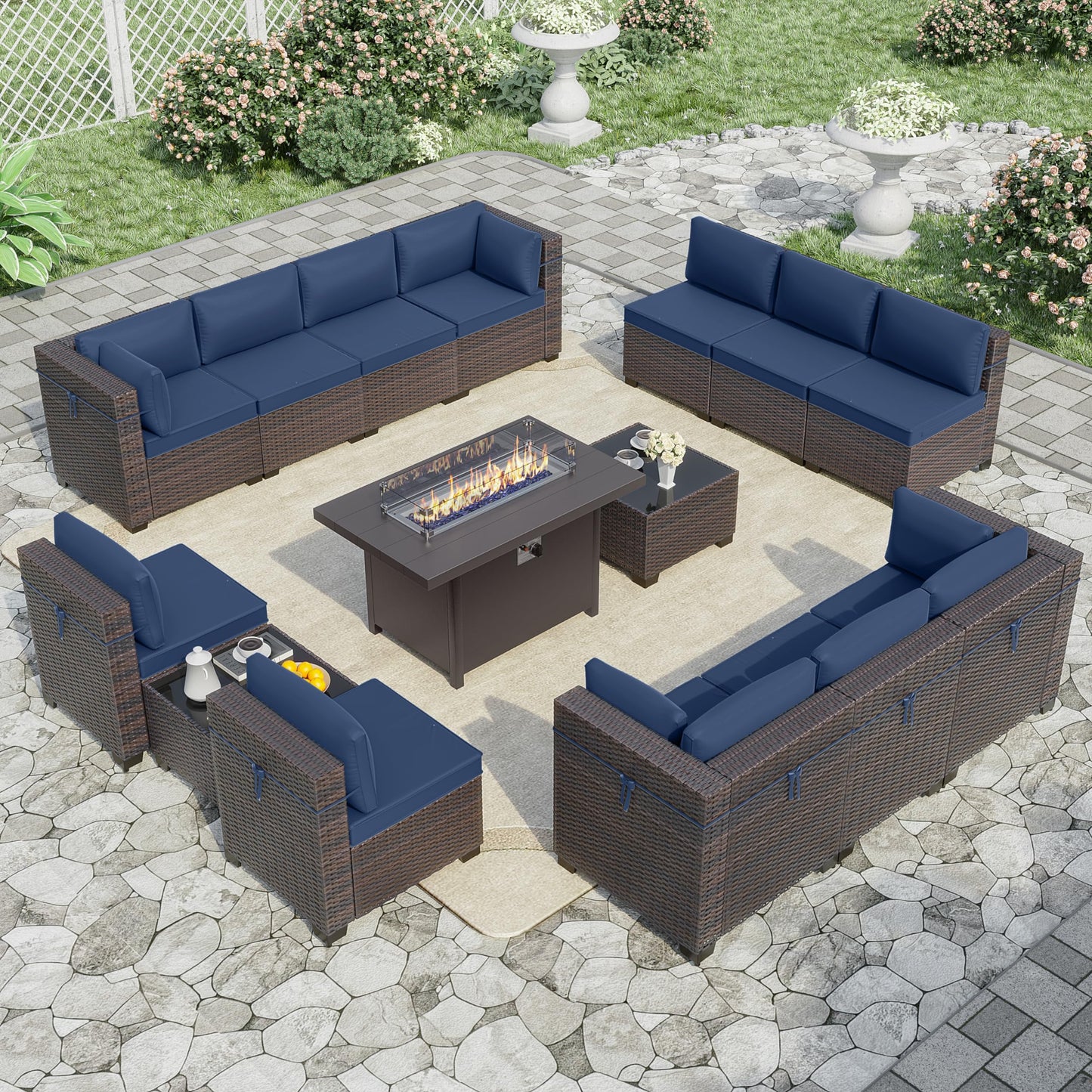 ALAULM 15 Pieces Patio Furniture Set with Aluminum Fire Pit Table Outdoor Furniture Sets 55000BTU Gas Fire Pit Brown PE Rattan Wicker Patio Conversation Sets w/12 Cushions (Dark Blue) - WoodArtSupply