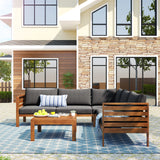 AOCHUANG Eucalyptus Wood 4 Piece Sectional Sofa Set Coffee Table Removable Cushion,Patio Seating Group L Shape Corner Garden Backyard Poolside (Natural Wood+Gray), 58.7inch x 27.6inch 25.1inch(L W H) AOCHUANG