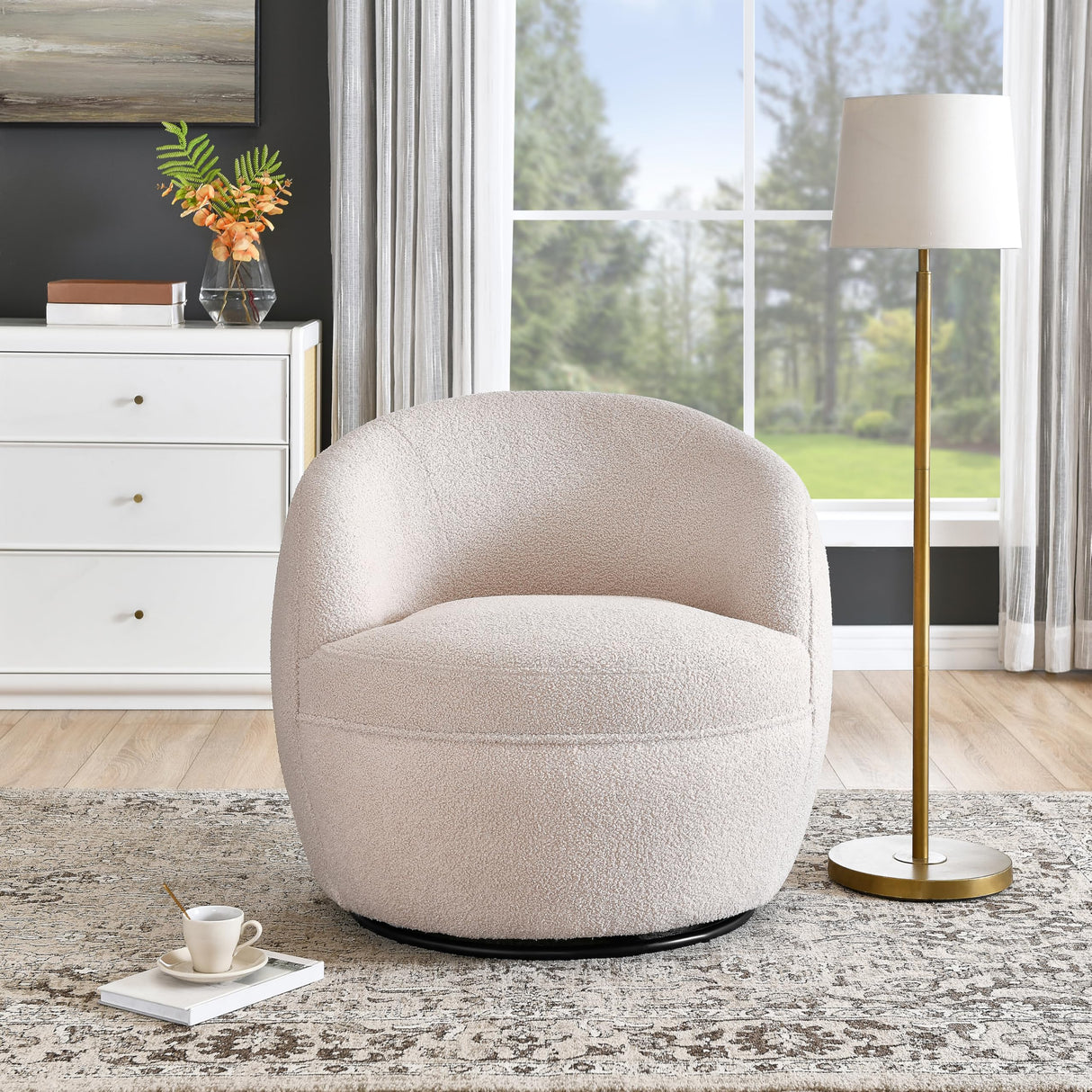 Roundhill Furniture Galleria 360 Swivel Teddy Sherpa Barrel Chair, Beige Roundhill Furniture
