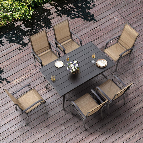 NUU GARDEN 7 Pieces Patio Dining Set, All-Weather Outdoor Furniture with 6 Textilene Dining Chairs and 61" Rectangle Metal Dining Table with Umbrella Hole for Patio Deck Garden, Black and Brown NUU GARDEN