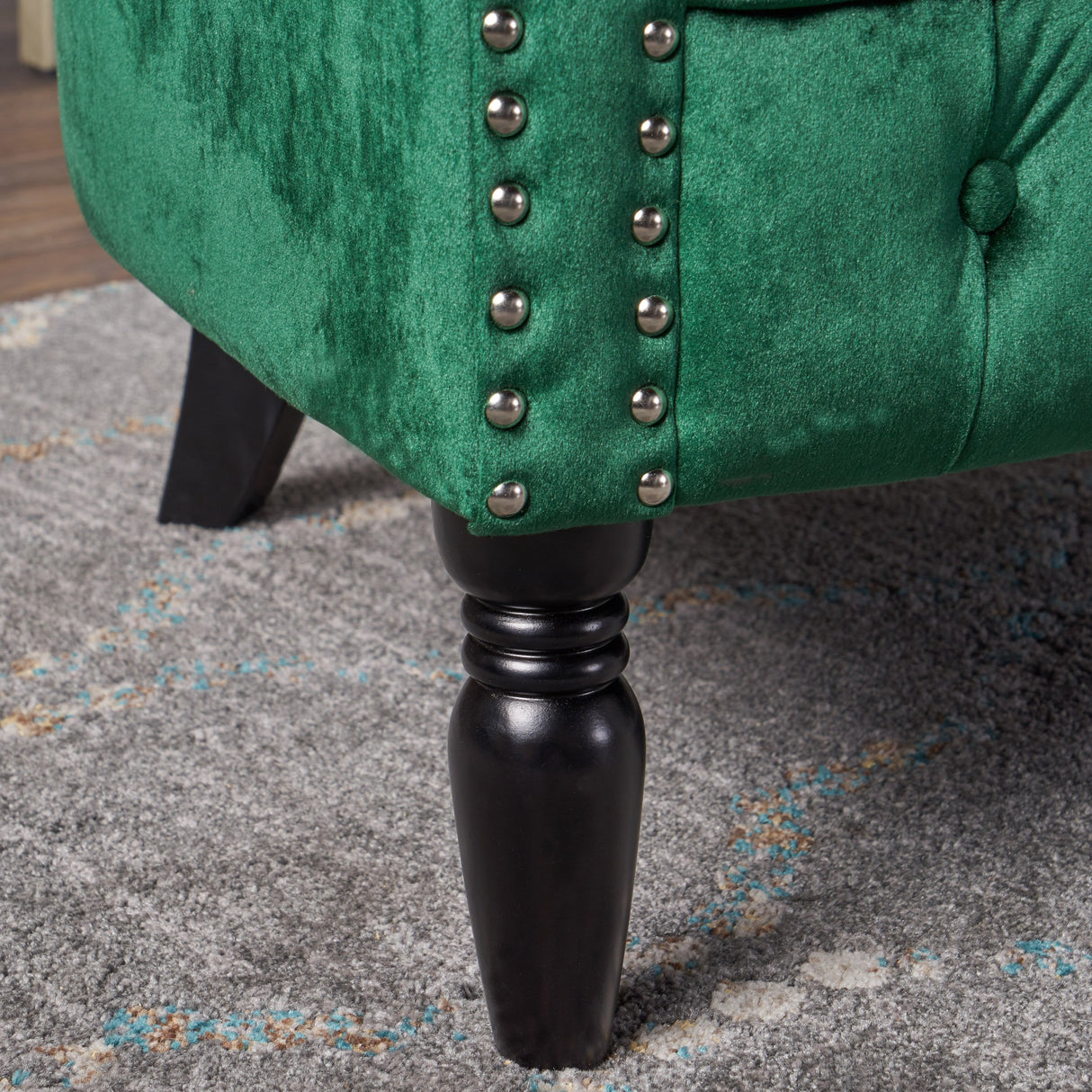 GDFStudio Melaina Tufted Chesterfield Velvet Loveseat with Scrolled Arms, Emerald and Dark Brown. GDFStudio