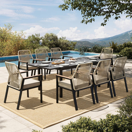 HERA'S HOUSE 9 Pieces Patio Table and Chairs Set, Outdoor Dining Set for 8, 8 x Cushioned Rattan Patio Chairs and 1 x Extendable Dining Table, Outdoor Rattan Dining Table Set for Lawn Garden Backyard HERA'S HOUSE